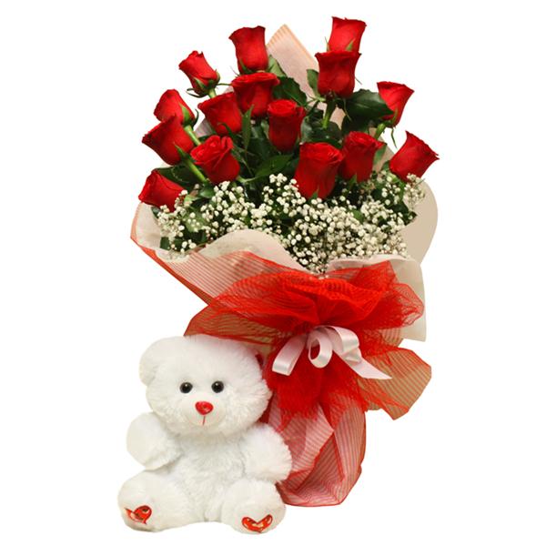 Red Roses and Teddy Bear-FLA19 Resim 2