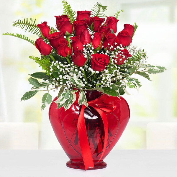 21 Roses in Heart Vase-FLA50 Resim 1