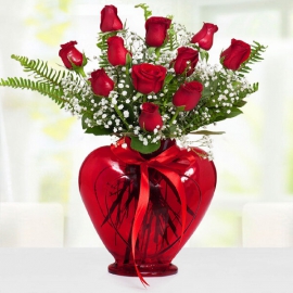  Флорист в Анталию 11 роз в вазе-сердечке-FLA50